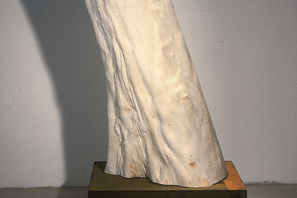 Weisser Stamm auf rostigem Sockel